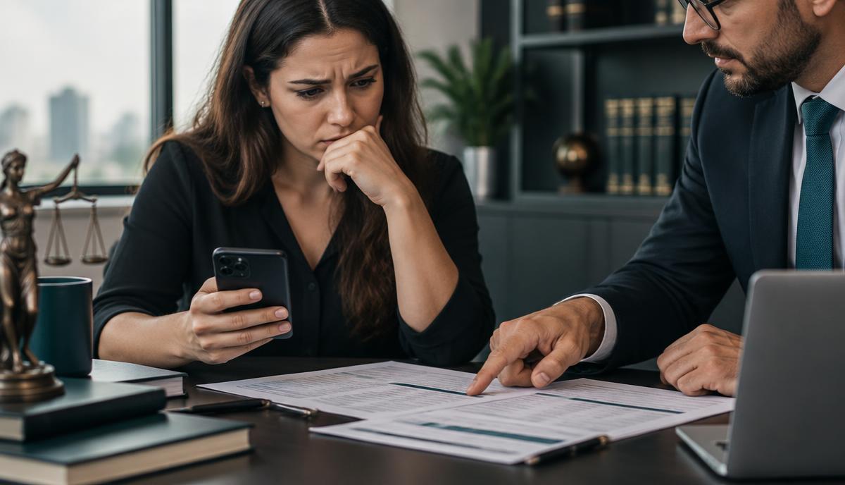 Advogado analisando extrato bancário com cliente em escritório